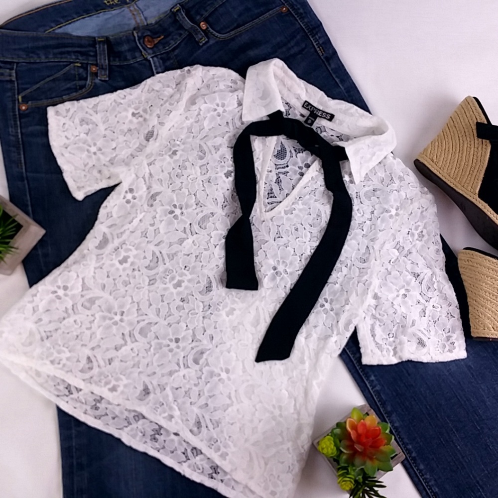 NWT Express White Lace Short Sleeve Black Necktie - Picture 1 of 6